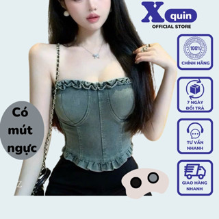 Áo ống cúp ngực jeans viền bèo kiểu bo lưng chun Xquin, Áo quây jean lưng chun (CÓ MÚT NGỰC) form croptop siêu hack eo