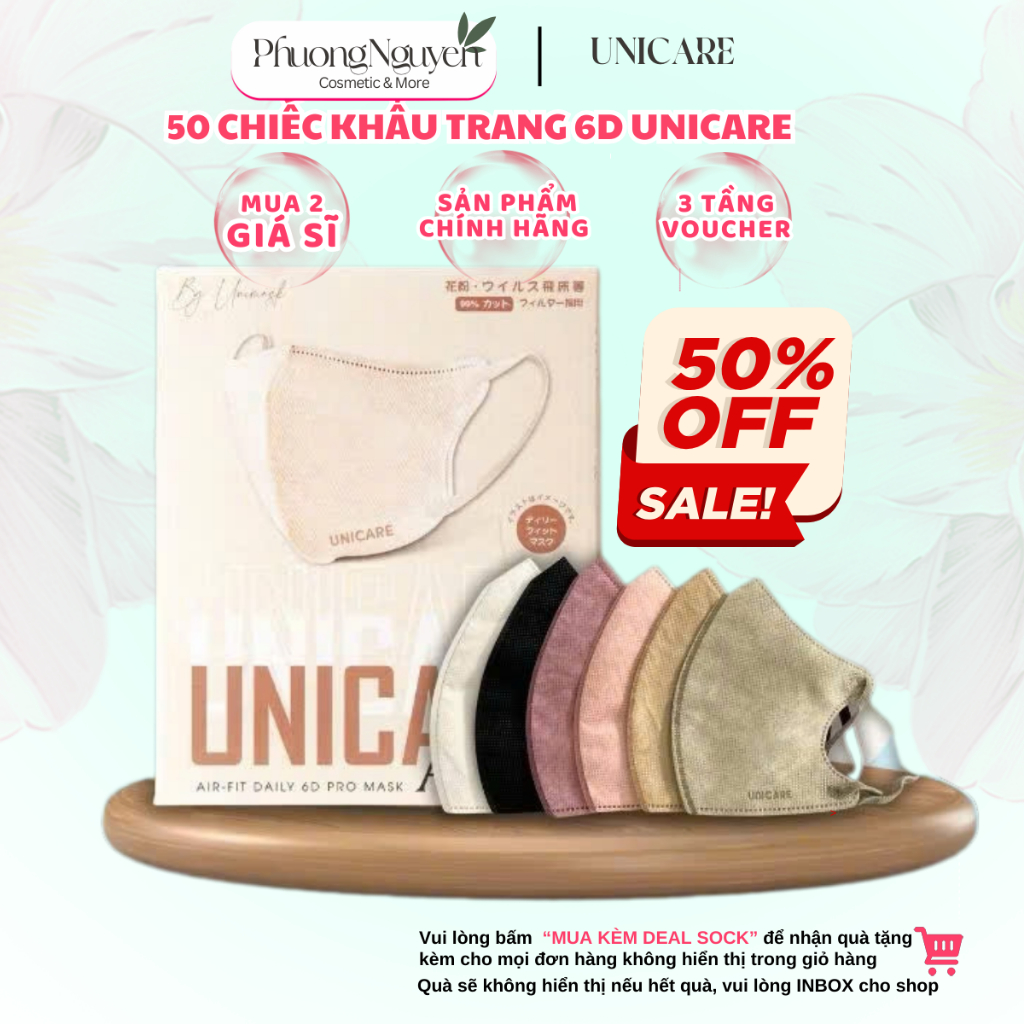 UNICARE 50 Chiếc Khẩu Trang 6D Pro Mask Chính Hãng - Kháng Khuẩn, 3 Lớp, Quai Đẹp, 6 Màu Hottrend
