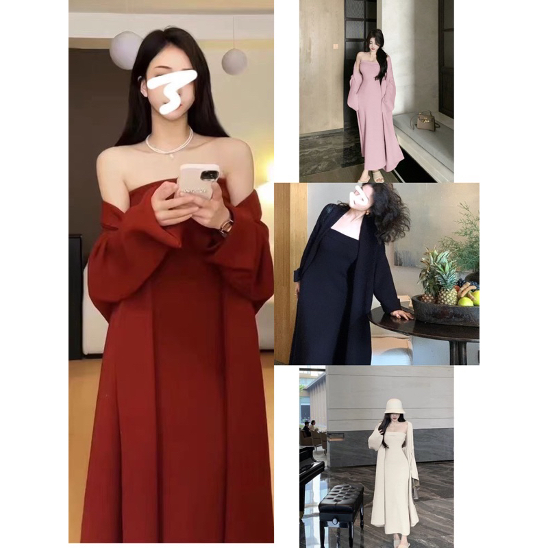 Set đồ nữ sang chảnh dài váy cúp ngực dáng dài+ áo choàng cardigan khoác ngoài chất liệu len dệt kim hàng QC Yam #Y286