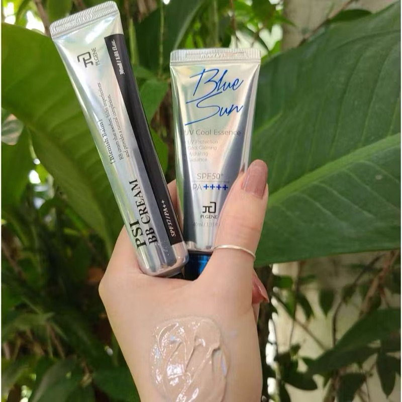 Combo kem chống nắng Blue sun UV cool essence (SPF50+/PA++++) và Kem nền tái sinh PSI BB Cream Pion 
