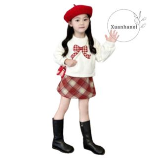 Váy thu đông bé gái áo nỉ thắt nơ lưng và chân váy dạ kẻ caro đỏ 10-30kg XHN1613