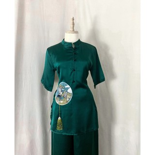 Set Đồ Lam Đi Chùa Thêu Vải Lụa SATIN tay ngắn-SÍN STORE-L10