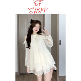 Set Váy Áo Tơ Bèo Nữ Hở Vai Babydoll 2 Dây Trễ Vai Kèm Chân Váy Xòe 2 Tầng SFShop