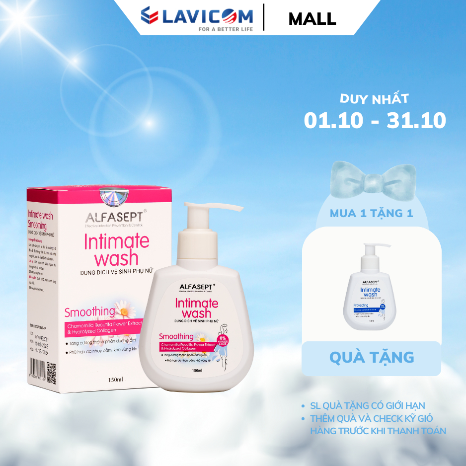Dung dịch vệ sinh phụ nữ giảm nấm, dưỡng ẩm ALFASEPT INTIMATE WASH SMOOTHING - Chiết xuất cúc la mã