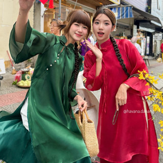 Áo dài TỊNH THI voan tơ 4 tà phối cúc sườn cách điệu nơ cổ kèm quần lụa ngọc HAVANA AD47