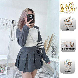 Set Thom dài tay mix chân váy xếp ly basic - Hàng loại 1