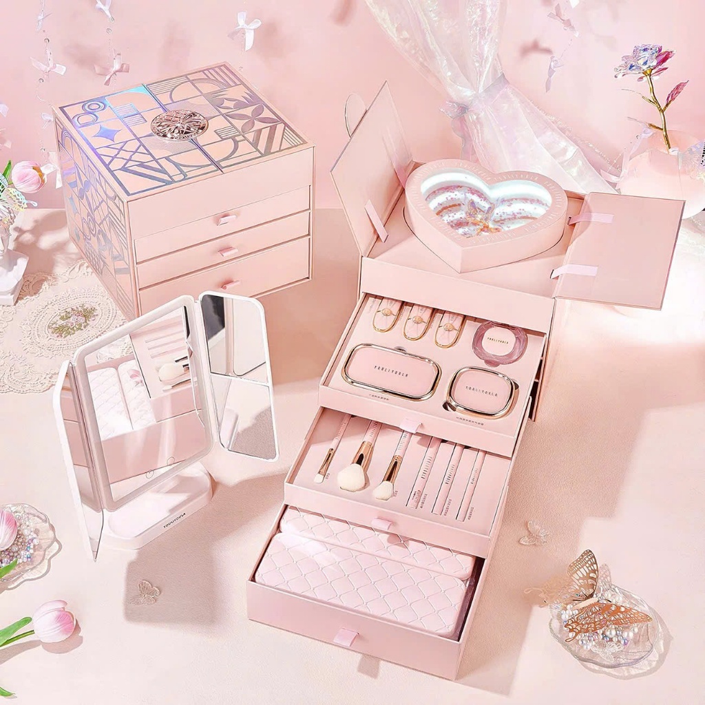 Bộ Trang Điểm Quà Tặng MEIYU,YOULIYOULA,HLOFF,YANZI cao cấp và sang trọng thiết kế Trái Tim + Gương LED