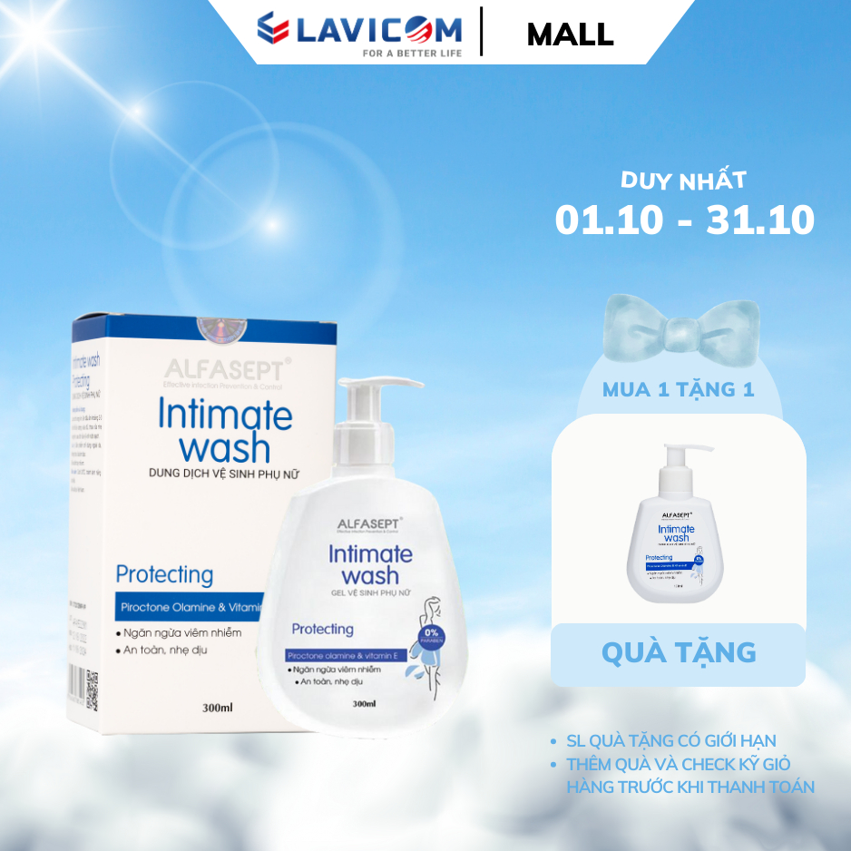 Dung dịch vệ sinh phụ nữ ALFASEPT INTIMATE WASH Protecting 300ml - Chiết xuất vitamin E ngăn nấm dưỡng ẩm trẻ hóa làn da