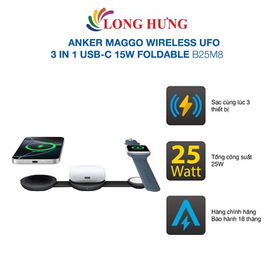 Đế sạc Anker MagGo Wireless UFO 3 in 1 USB-C 15W Foldable B25M8 - Hàng chính hãng
