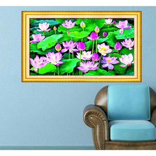 Tranh thêu chữ thập - Tranh đính đá hoa sen ngát hương VS136: 90x53cm, LV3376: 150*80cm - tự đính