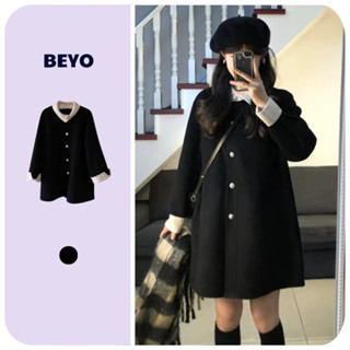  Áo khoác dạ tiểu thư Beyo dáng suông cổ 2 kiểu bẻ và cao cúc ngọc xinh xắn sang chảnh màu đen T005 