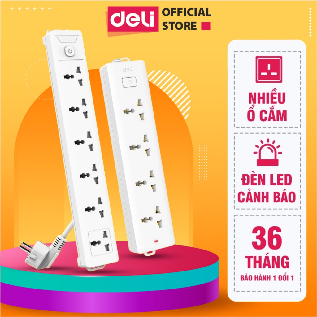 Ổ Điện Đa Năng DELI Tích Hợp 4 Ổ Cắm Đầu 3 Chân An Toàn, Tiện Lợi, Chịu Nhiệt Tốt Công Suất 2500W