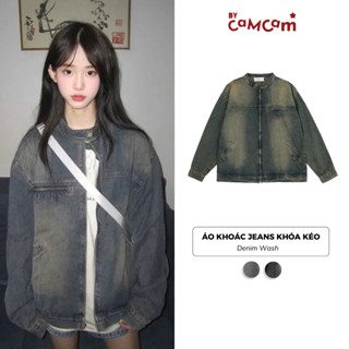 Áo Khoác Jeans Khóa Kéo Bycamcam Vải Denim Wash Tiện Lợi Form Rộng Phong Cách Retro