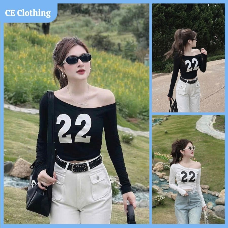 Áo Kiểu Trễ Vai Dài Tay, Áo lệch vai in số 22 dáng ôm body phong cách sexy AOT184