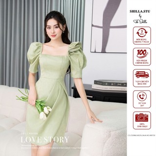 Váy đầm thiết kế cao cấp màu xanh tay phồng nhấn eo sang trọng [ Ảnh thật ] The Shilla-CG.C53B60.65D5.GAVA - XANH