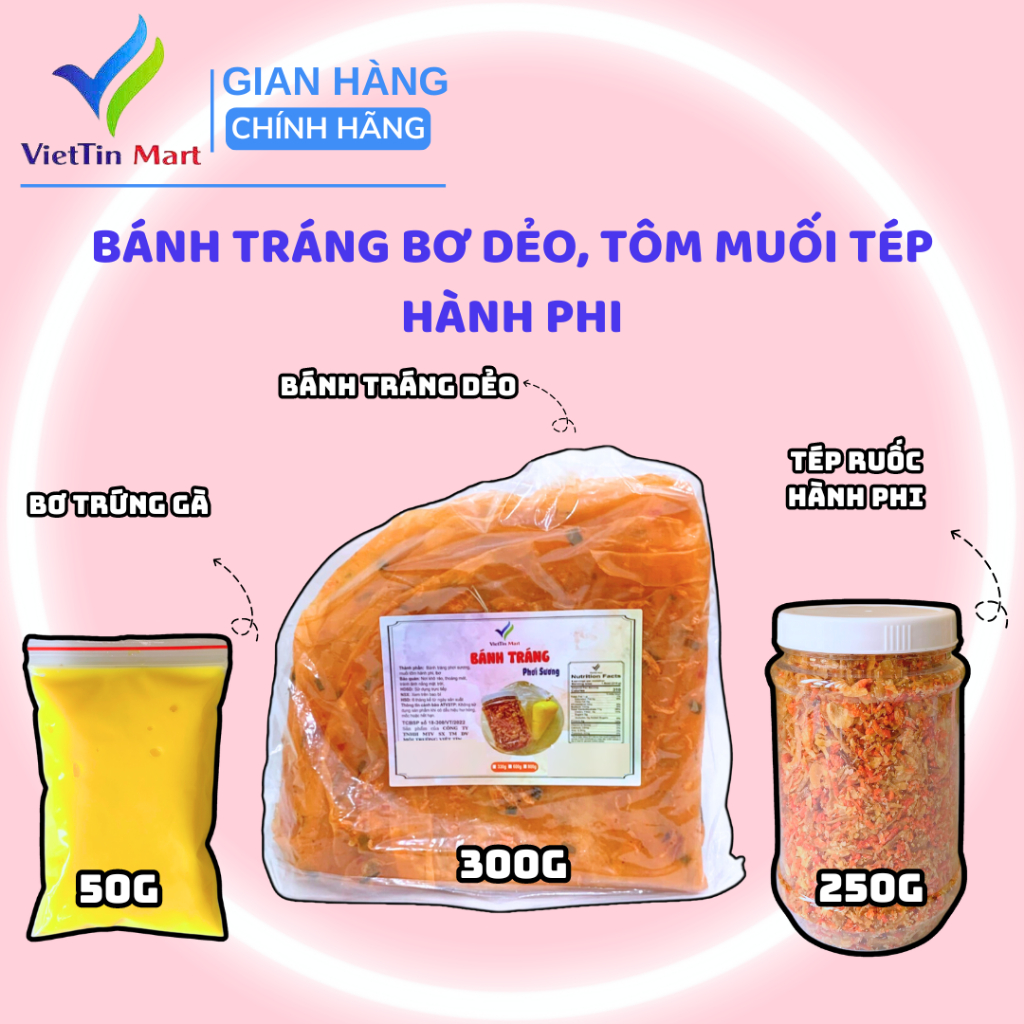 Combo Bánh Tráng Dẻo Tôm, Bơ, Muối Tép Hành Phi Viettin Mart 600g