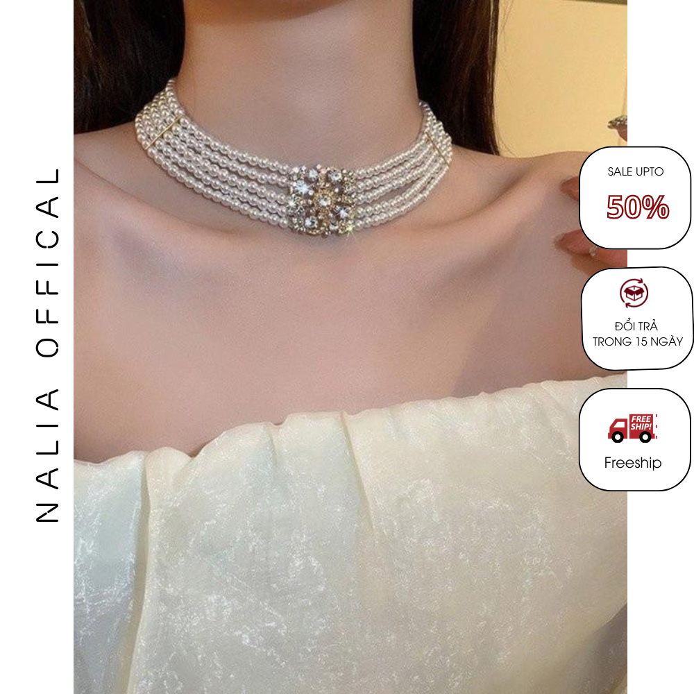NALIA DC679 - Dây chuyền 5 chuỗi hạt châu nhỏ mặt đá Women