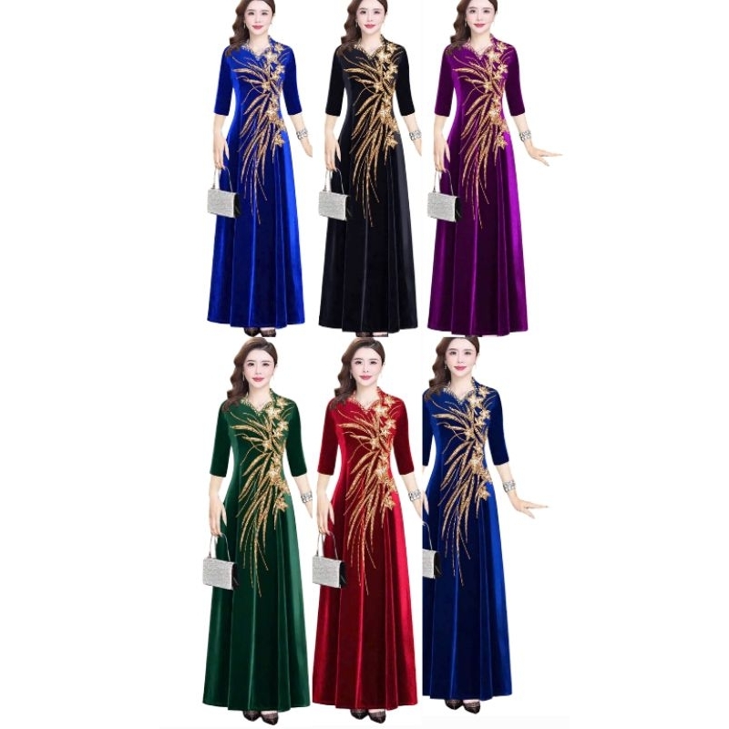 Đầm nhung trung niên cho mẹ đi tiệc dạ hội cổ nữ hoàng nạm đá hoa ép đá size lớn 75kg, Đầm dạ hội nhung trung niên