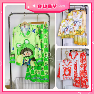 ĐỒ BỘ PIJAMA CÁ SẤU TAY DÀI Đồ bộ pijama mẹ và bé size đến 75kg chất lụa xước mềm mát in gấu hoạt hình dễ thương DBLXTD