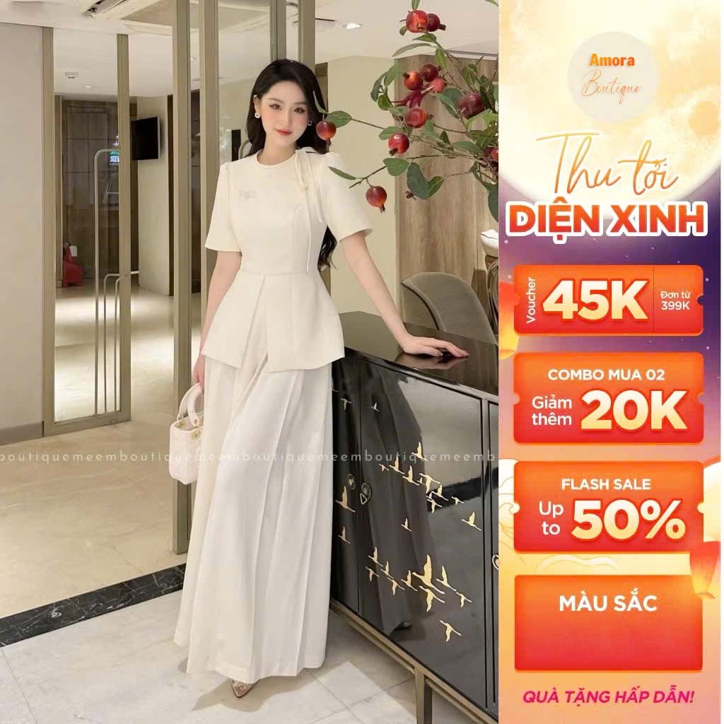Set đồ nữ màu trắng dáng cổ tròn mix quần ống rộng xếp ly, set quần áo nữ công sở thanh lịch A0161