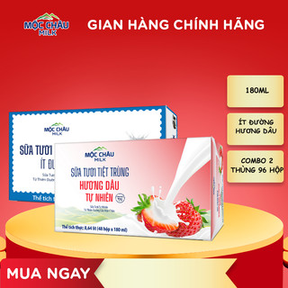 Combo 02 Thùng Sữa tươi tiệt trùng hương Dâu và Ít đường Mộc Châu Milk (180ml x 96 Hộp)