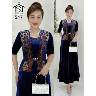 Đầm trung niên dự tiệc sang trọng vải nhung cao cấp đính đá,đầm maxi tới gót chân, tặng mẹ co giãn tốt bigsize 75kg M517