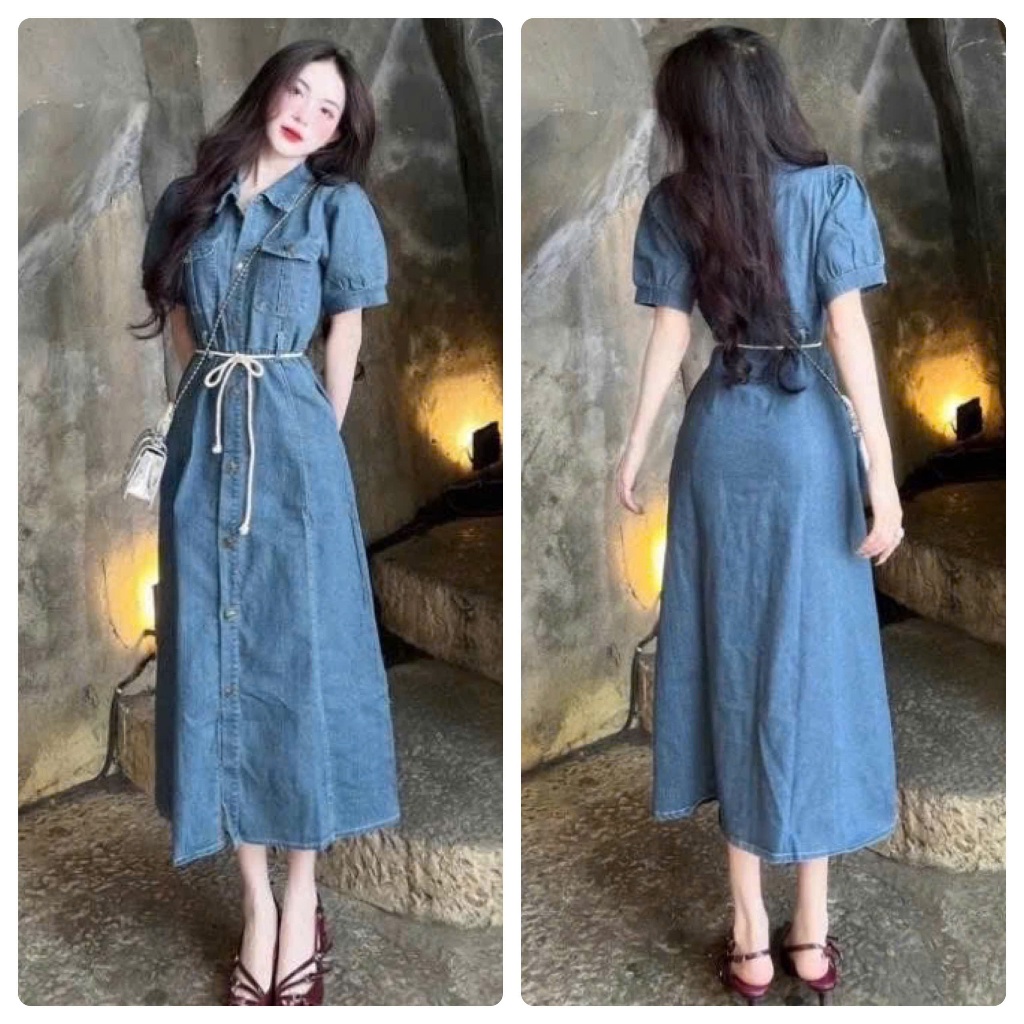 Đầm Jean Tay Ngắn Dáng Dài Xẻ Tà tiểu thư loang xòe cánh tiên H22, Váy Sơ mi Jean Nữ