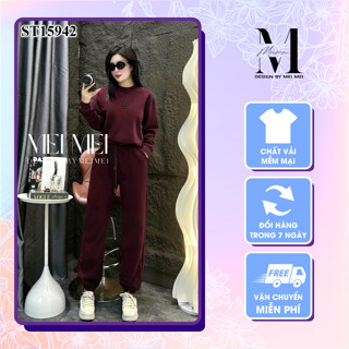 Set đồ nữ thu đông áo sweater trơn basic phối quần dài bo chun màu đỏ đô cực tôn da Meistore ST15942