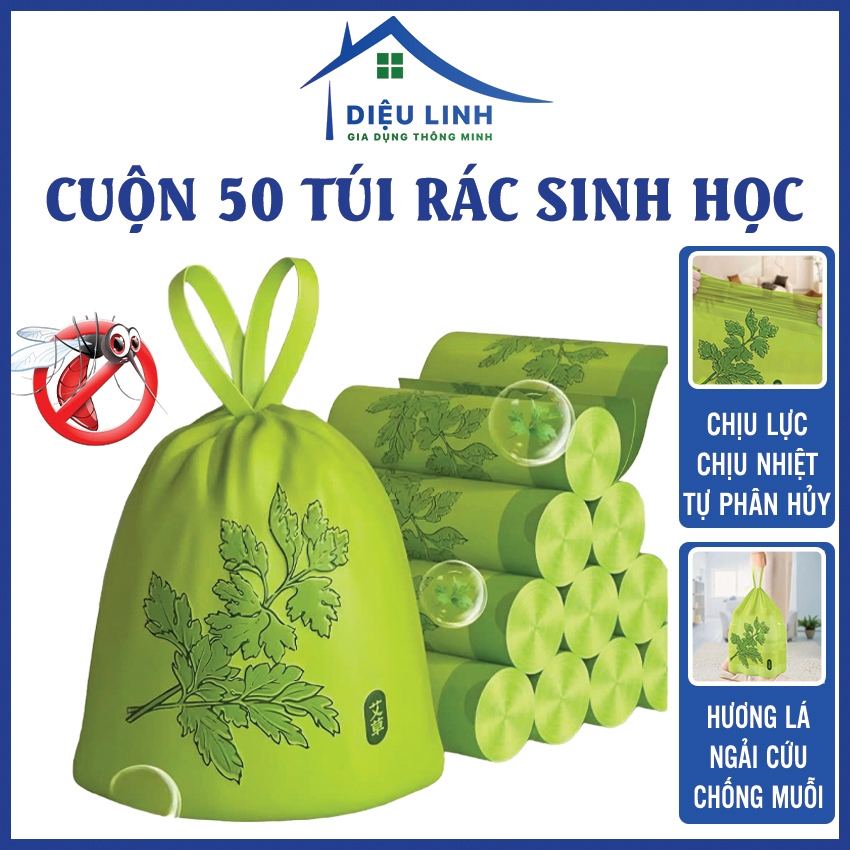 Cuộn Túi Rác Sinh Học Ngải Cứu, Cuộn 50 Túi Đựng Rác Đuổi Côn Trùng Túi Rác Có Dây Rút Dieulinhshop