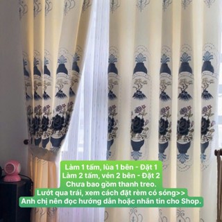 Gấm Thêu Màu Kem Sữa Phối Xanh - Giá Của 1 Tấm Rèm Căng Thẳng (Chưa Bao Gồm Thanh Treo)  cản nắng cản sáng 70% bền màu