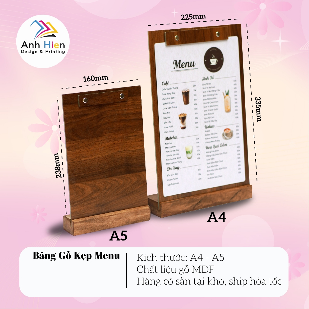 menu gỗ size A4, bảng gỗ kẹp menu A4, standee menu A4, menu gỗ để bàn, menu gỗ khắc logo