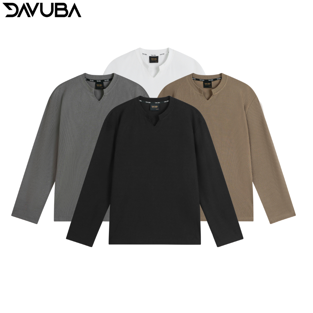 Áo thun tăm cổ V DAVUBA dài tay from rộng SM106