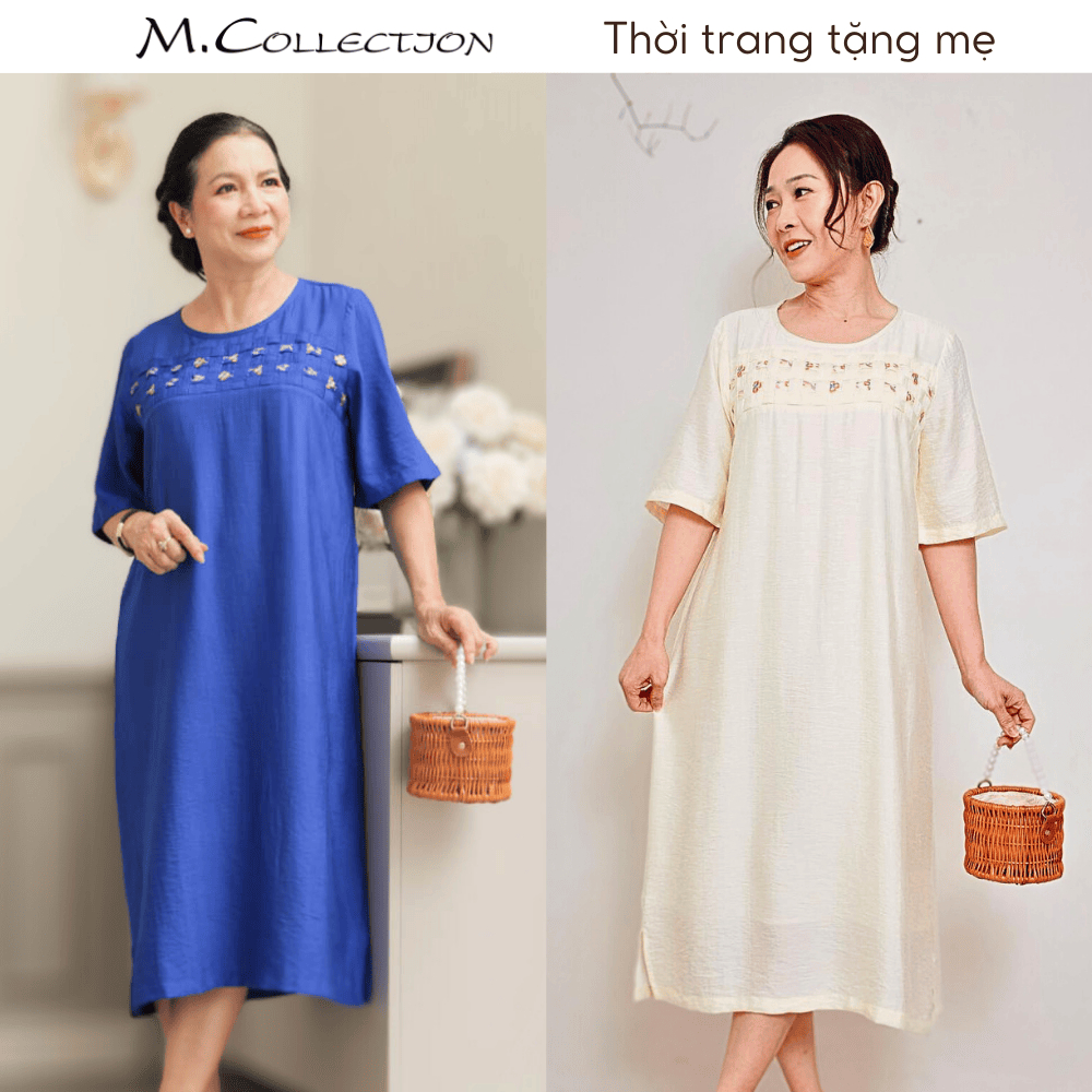 M COLLECTION | Váy Đầm Suông Trung Niên Tặng Mẹ Thêu Đan Hoa Vải Lụa Hàn Có Túi Sang Trọng - D11675