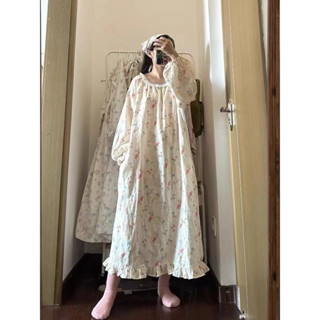 [Đũi Mềm] Đầm ngủ dài tay, cổ tròn bèo phom rộng dáng xoè in hoạ tiết hoa lá cho nữ đầm ngủ