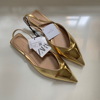 [ Có Sẵn / ZRA XUẤT DƯ -  ẢNH THẬT SHOP CHỤP ] Order Giày Bệt Mũi Nhọn Zra Phối Đá Vàng Đồng Da Trơn Bóng Sang Chảnh