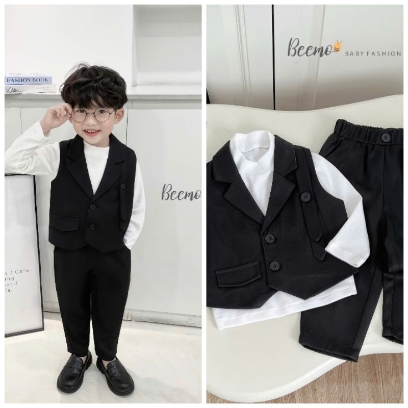 set gile cổ vest phối đai kèm áo giữ nhiệt, set gile Beemo bé trai 1 tuổi đến 7 tuổi phong cách Hàn 