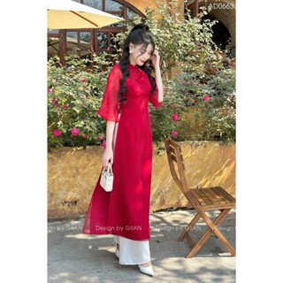 Áo dài cách tân đính hoa ngực 4 tà Giian thiết kế cổ truyền thống tay loe vải tơ óng AD0633