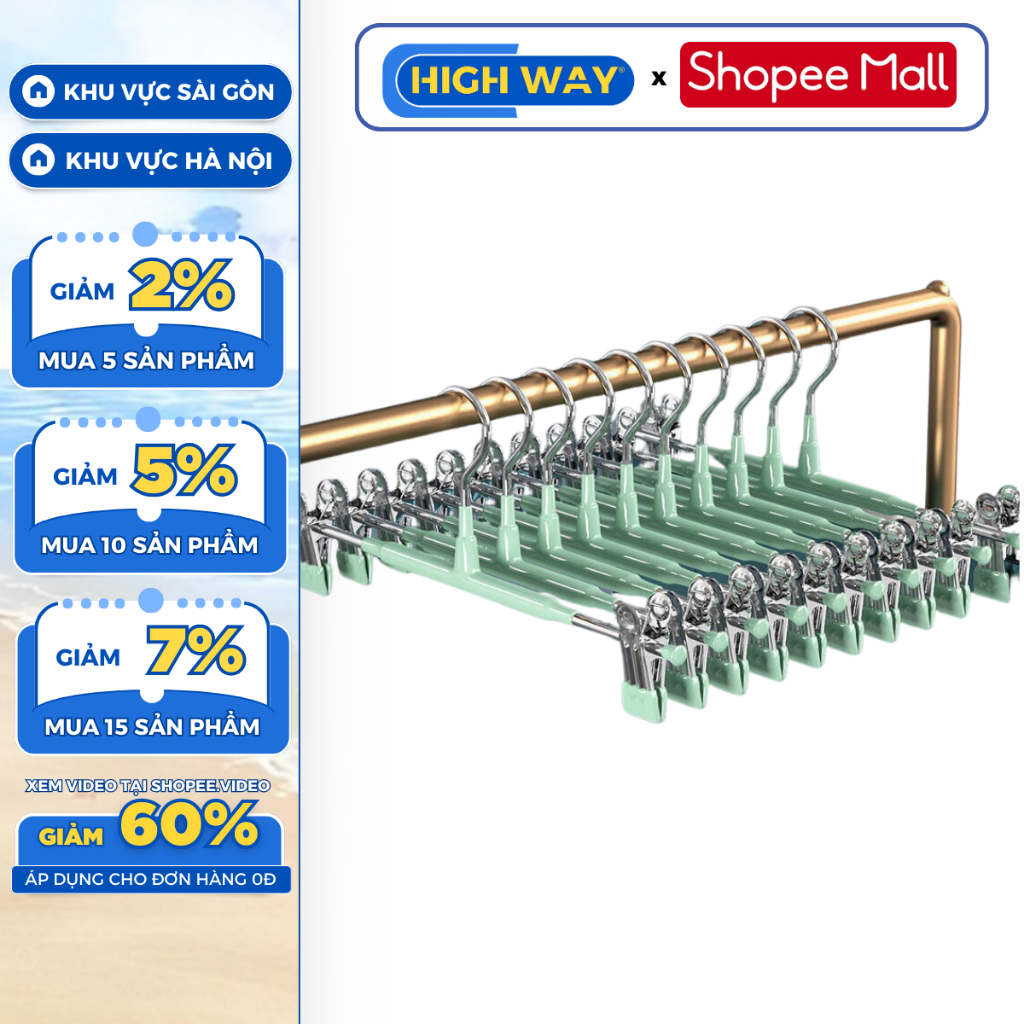 Móc Kẹp Treo Quần Áo Đa Năng HIGHWAY Thiết Kế 2 Kẹp Thân Dài Chống Trơn Trượt Tiết Kiệm Diện Tích