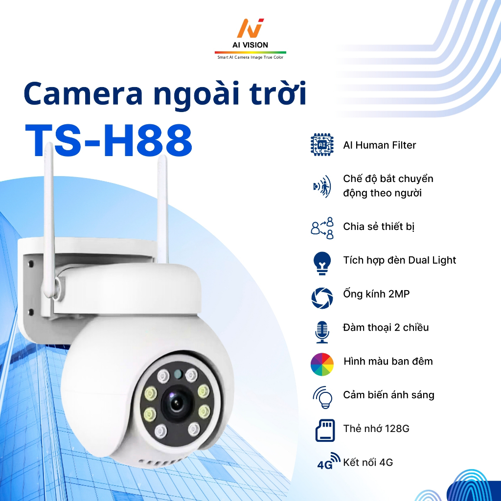 Camera 4G xoay ngoài trời TS - H88 2.0mpx_App: TSEye_Kết nối wifi/ LAN/ 4G (có sẵn sim)