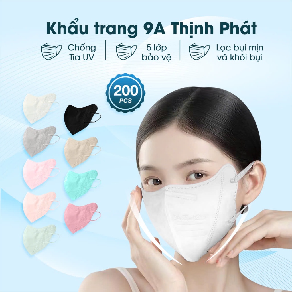 Khẩu trang toàn mặt 9A Thịnh Phát thùng 200 chiếc 4 lớp vải PP không dệt và 1 lớp vải kháng khuẩn Cỏ Ba Lá