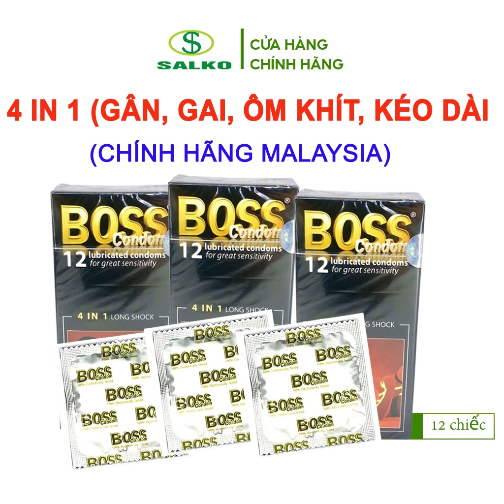 Bao cao su cao cấp BOSS 4 IN 1 (Chính hãng Malaysia) Bcs Gân Gai, Kéo dài quan hệ. Hộp 12 cái