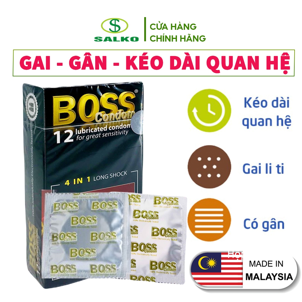 Bao cao su cao cấp BOSS 4 IN 1 (Chính hãng Malaysia) Bcs Gân Gai, Kéo dài quan hệ. Hộp 12 cái