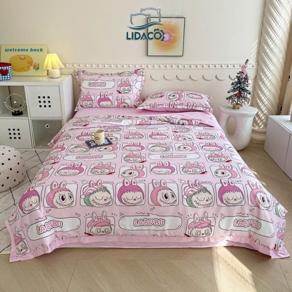 Bộ chăn chần ga gối lụa thái LIDACO mềm mịn, thoáng mát - Labubu hồng
