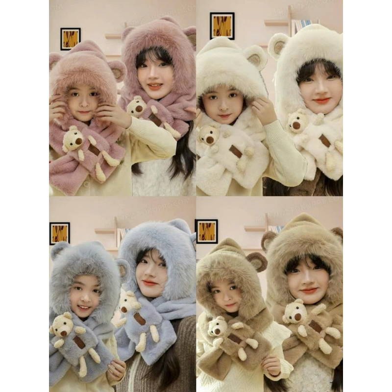 Khăn bông kèm mũ tai gấu, khăn quàng cổ có mũ tai gấu chất len mịn, mũ trùm kèm khăn hình gấu dễ thư