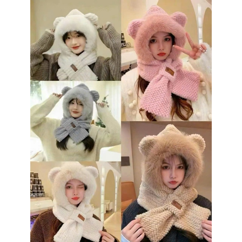 Khăn bông kèm mũ tai gấu, khăn quàng cổ có mũ tai gấu chất len mịn, mũ trùm kèm khăn hình gấu dễ thư