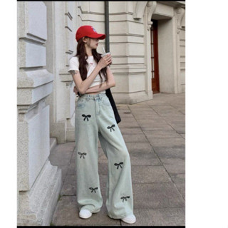 ( có Big size 40-90kg) Quần jean suông Thêu nơ màu bụi ống rộng lưng cao TNGER QC