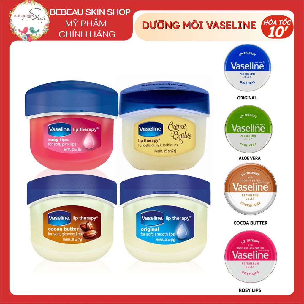 Son dưỡng môi Vaseline Therapy 7g Làm Mềm Và Mượt Môi Khô Có Màu Không Màu - Bebeau
