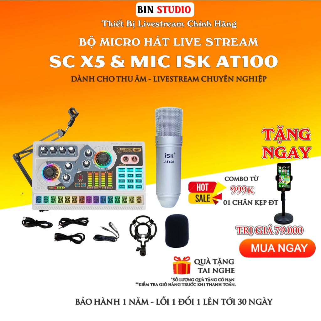 Bộ Mic Hát Thu Âm AT100 + Soundcard X5 livestream chuyên nghiệp đầy đủ phụ kiện