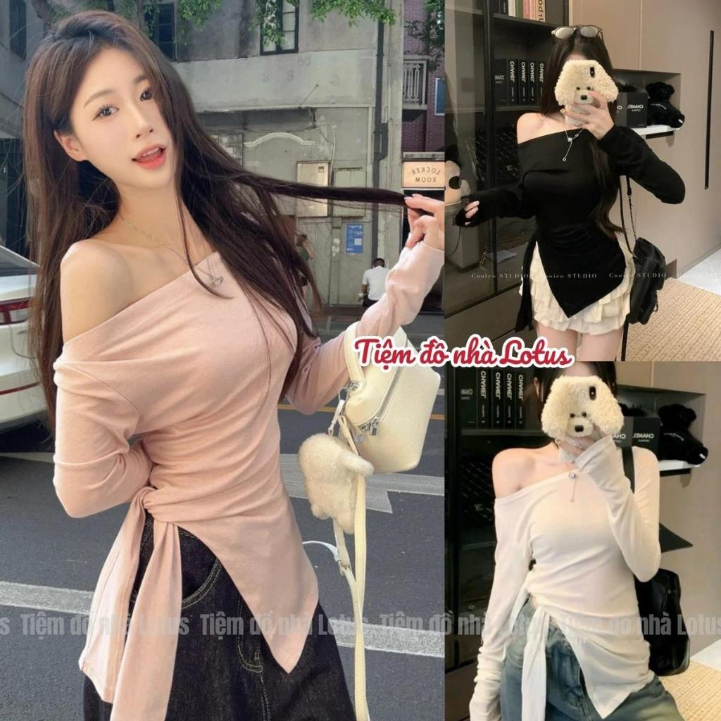 (KÈM ÁO QUÂY) Áo thun giấy TRỄ VAI XẺ TÀ CỘT Phiên bản Hàn Quốc có dây không đều gợi cảm thời trang dài tay (Tiệm đồ nh