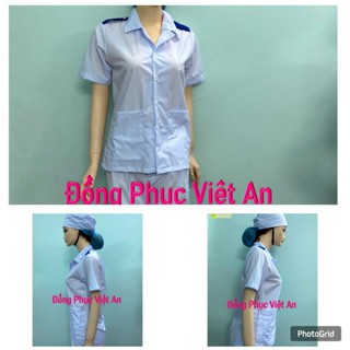  Bộ blouse trắng trơn Cổ Tàu có CẦU VAI XANH - áo blue điều dưỡng dược sỹ y tá thực tập sinh có cầu vai 